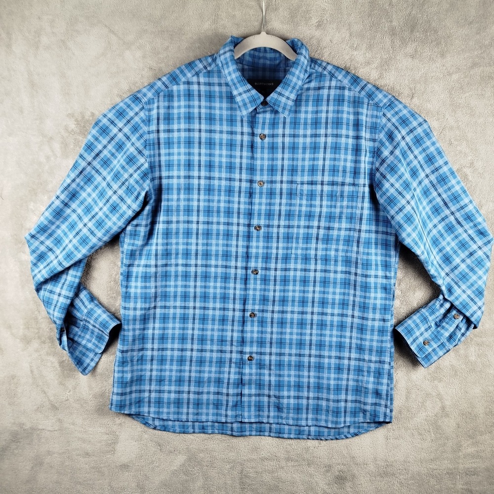 Bluffworks Lenox Shirt Mens XL Blue Plaid Button Up Long Sleeve Performance USA